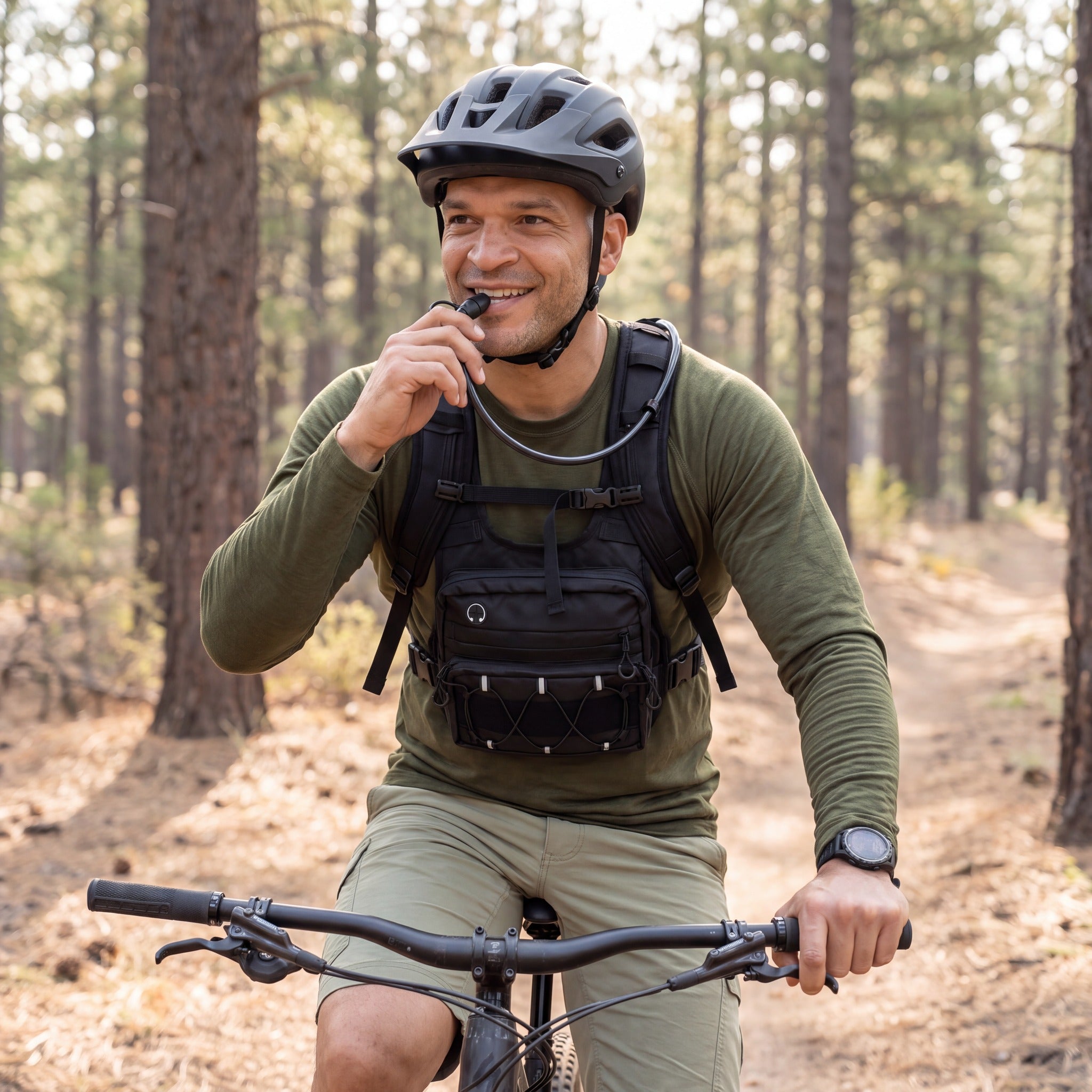 Ciclista de montaña bebiendo del chaleco Loadout sin soltar la bici